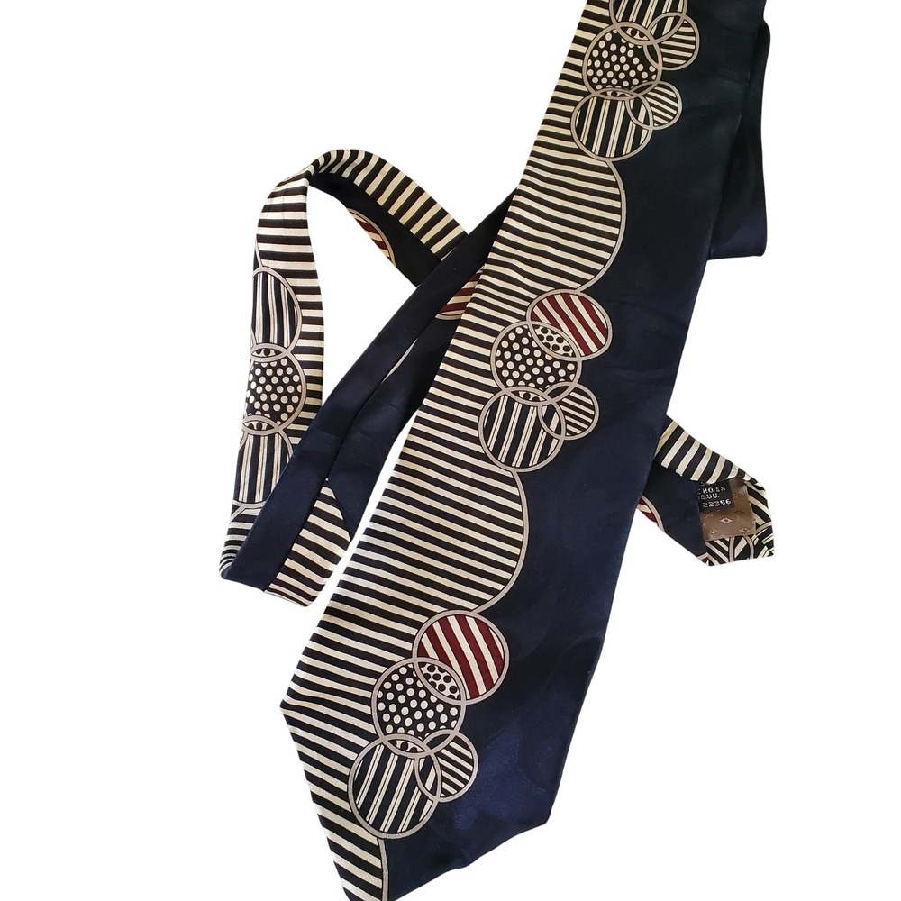 Adolfo Mens Italian Silk Tie Navy Blue Cream Striped Geometric Circles USA Made